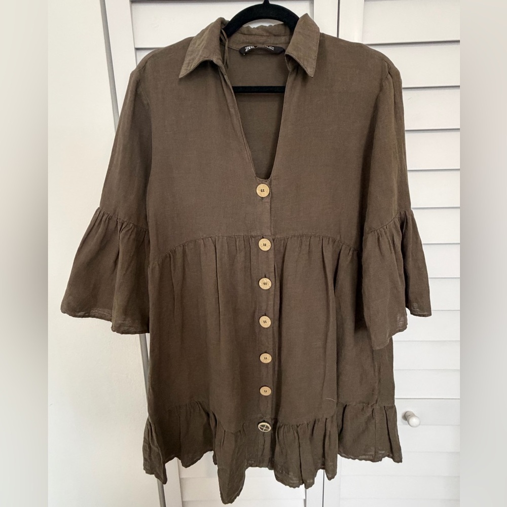 Zara Brown Button-Front Tiered Linen-Blend Mini Dress